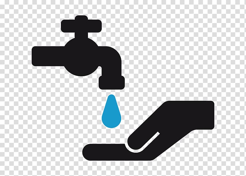 Black faucet dripping blue water into an open hand on transparent background.