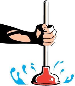 A hand firmly gripping a red rubber cup plunger, actively plunging with blue water splashes indicating motion and force.