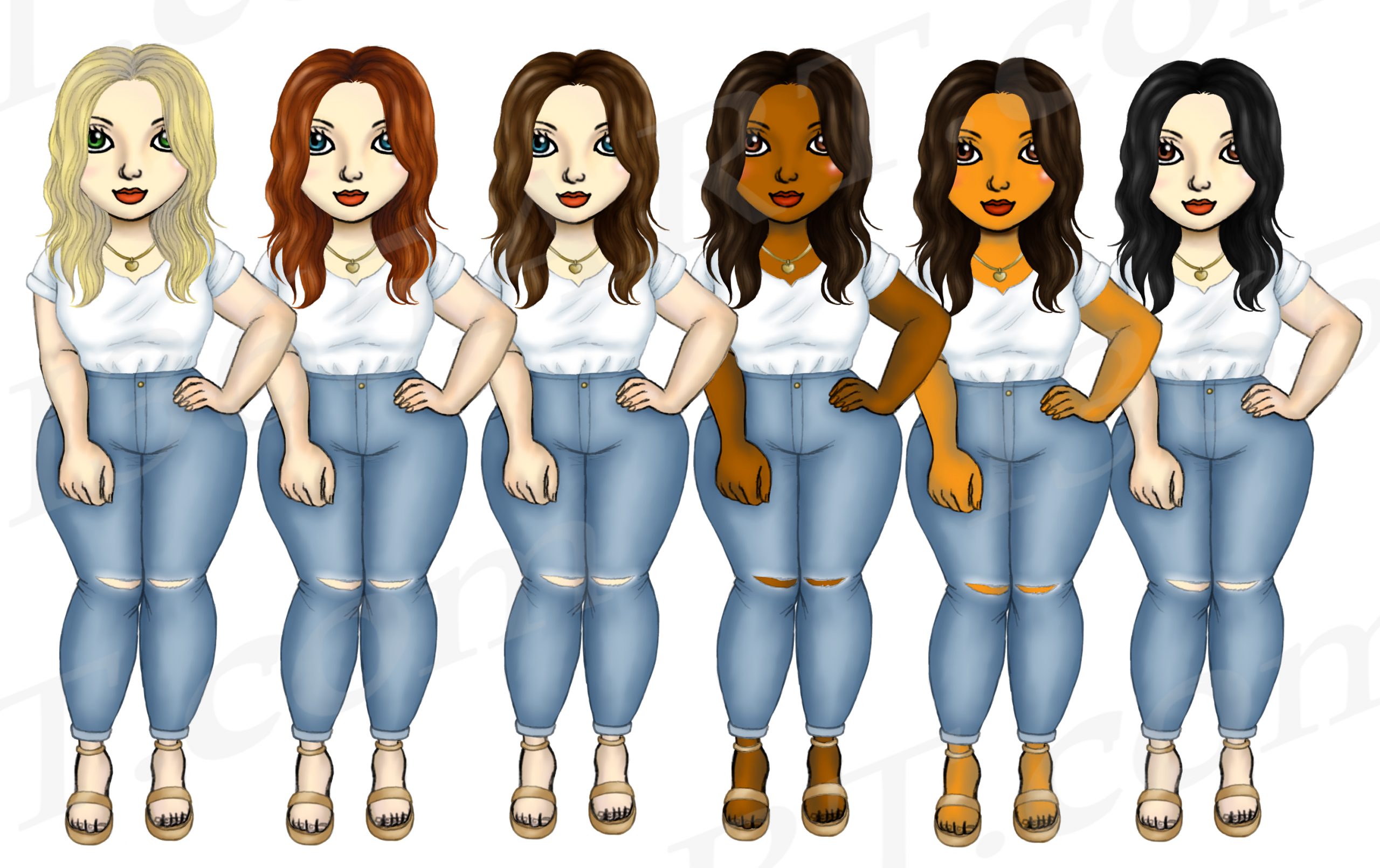 Six diverse plus-size women in white tops and ripped jeans, each with unique hair and skin tones, posing confidently.