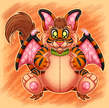 A cute anthropomorphic tiger-bat hybrid with pink wings, green eyes, and a fluffy tail, sitting playfully against an orange background.