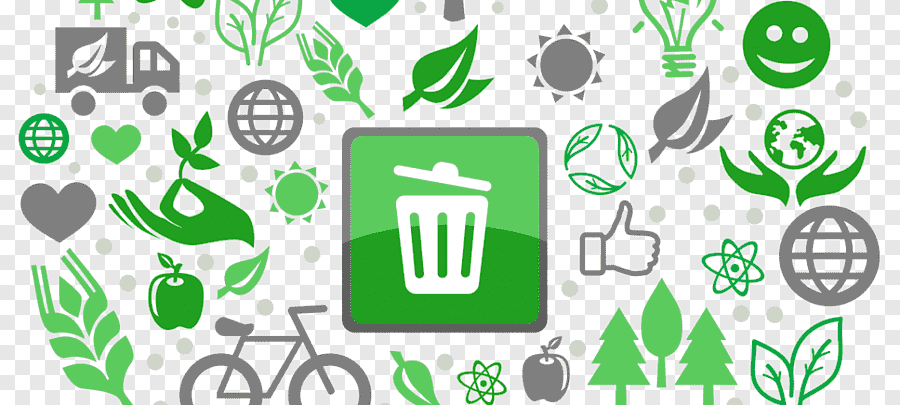 Green recycling bin icon surrounded by eco-friendly symbols like leaves, Earth, bike, and hands holding plants.