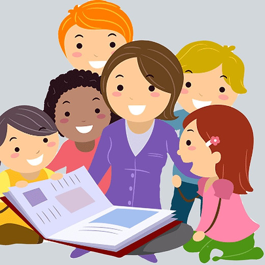 A smiling teacher reads a book with five diverse children gathered closely around her.