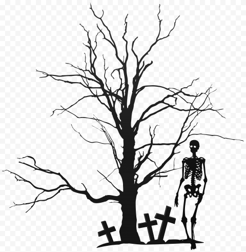 Black silhouette of a bare, gnarled tree with a standing skeleton and three small crosses at its base on transparent background.