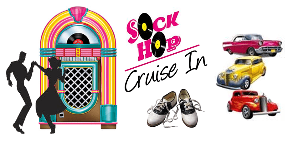 Vintage jukebox, dancing couple, classic cars, and saddle shoes for a 1950s sock hop cruise-in event.