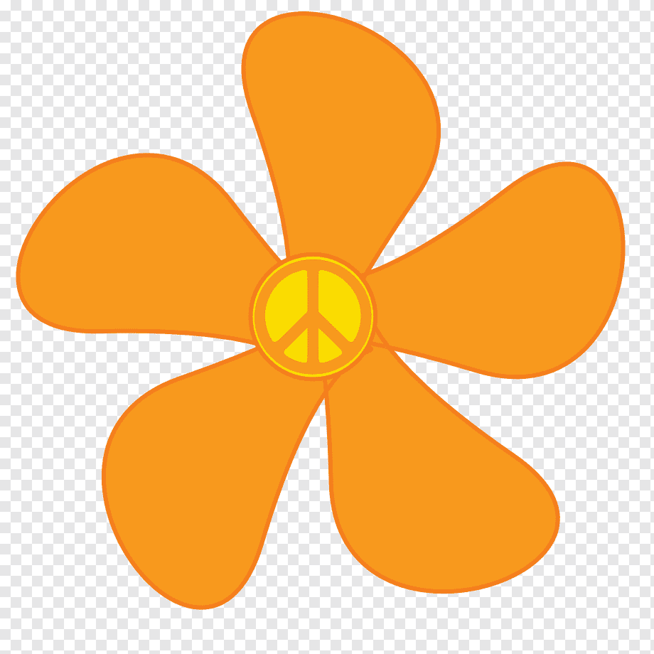 Orange five-petal flower with yellow peace symbol at center on transparent background.