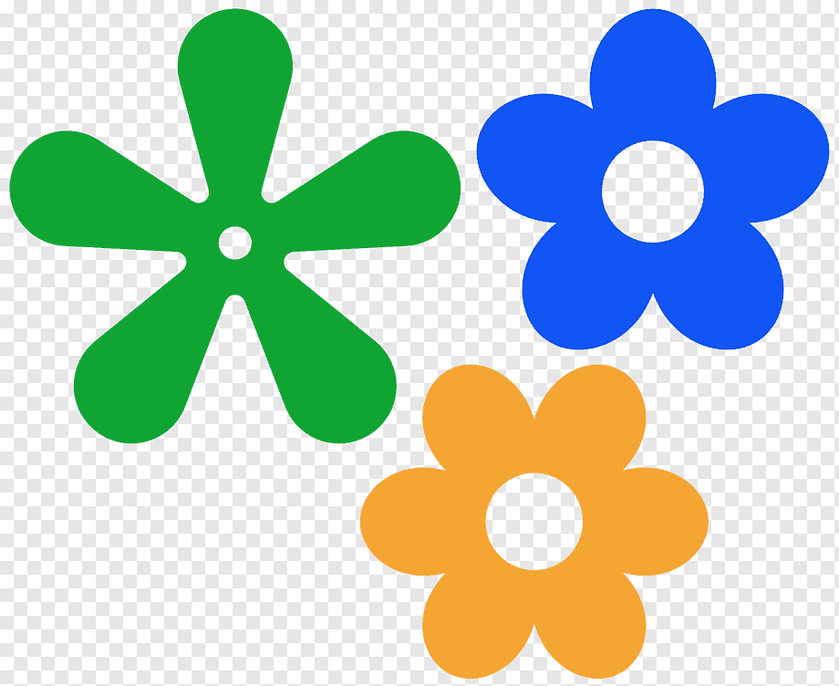 Three stylized flower icons in green, blue, and orange on transparent background.