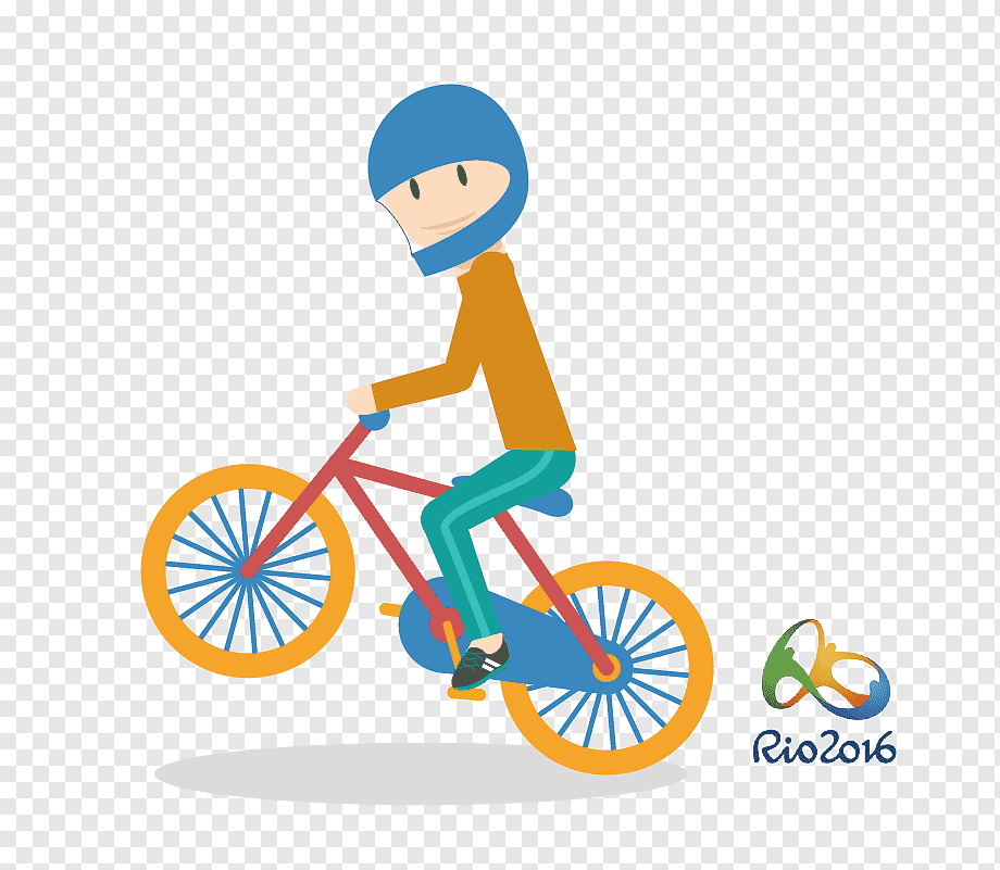 Cyclist in blue helmet riding colorful bike beside Rio 2016 Olympic logo.