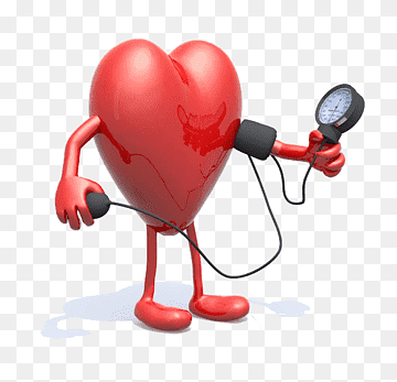A red animated heart character with arms and legs holding a blood pressure cuff and gauge.