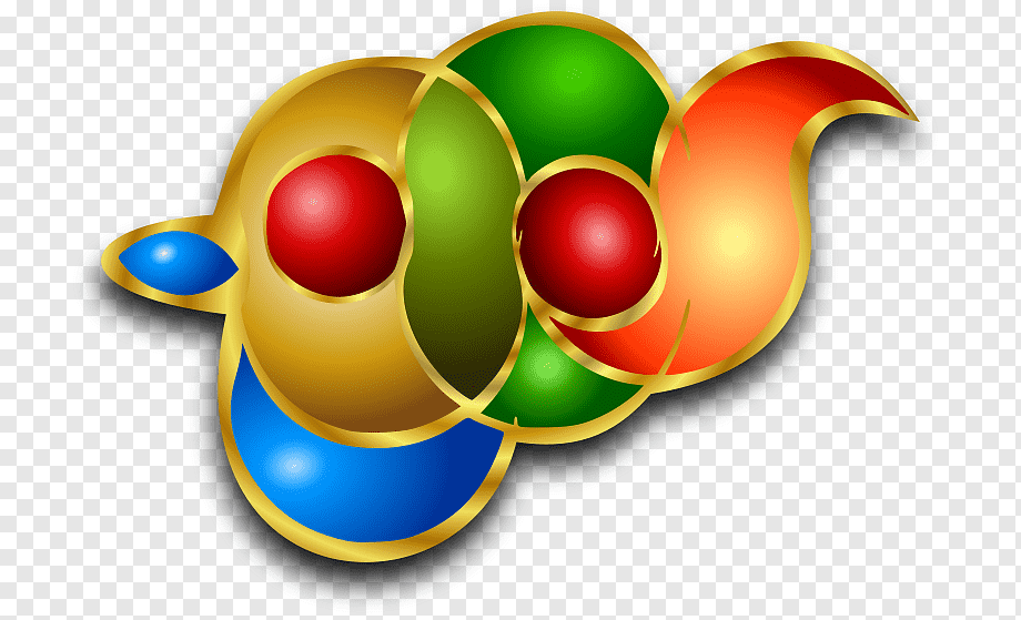 Colorful abstract logo with interlocking gold-rimmed shapes in red, green, blue, and orange, resembling a stylized bird or flame.