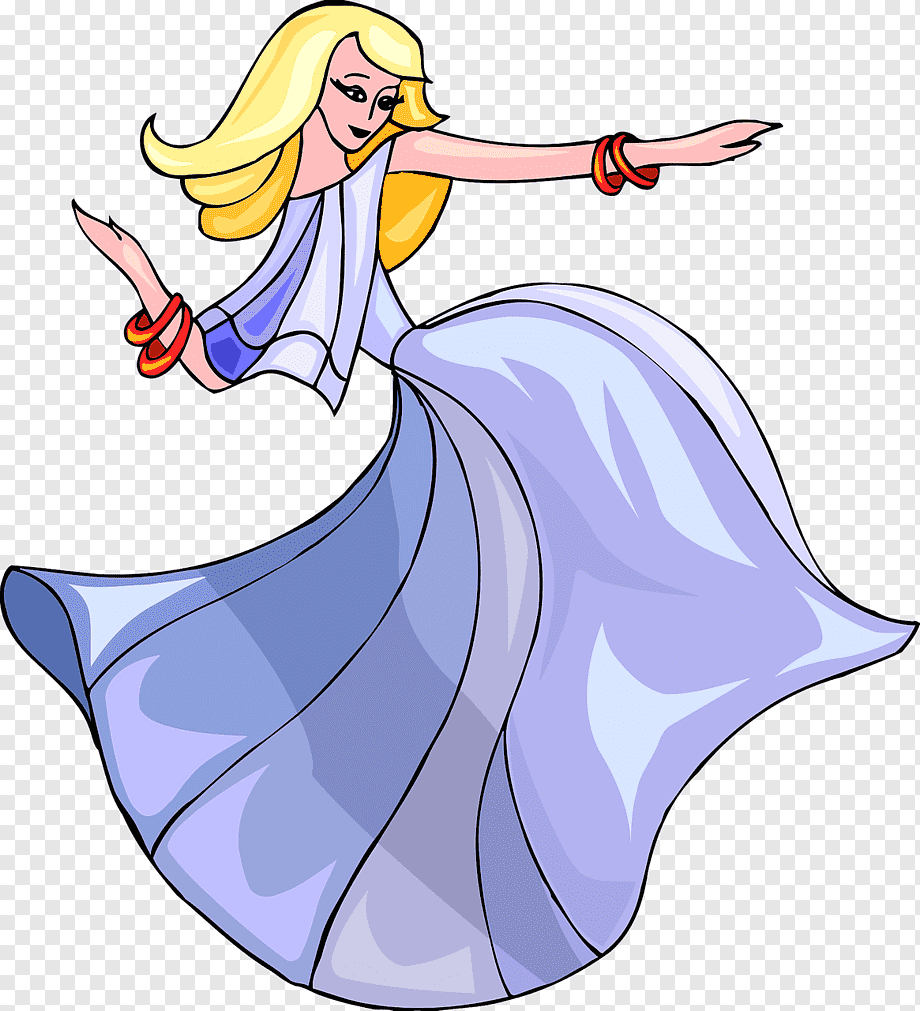 Animated blonde woman in flowing blue gown dancing with red bangles, stylized cartoon illustration.