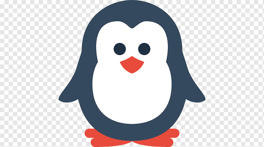 Friendly cartoon penguin with dark blue body, white face, orange beak and feet on transparent background.