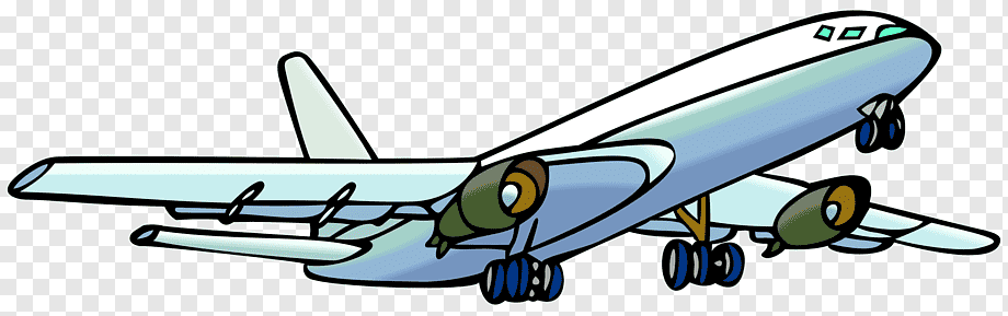 Cartoon-style blue and white passenger jet with landing gear down, flying diagonally across transparent background.