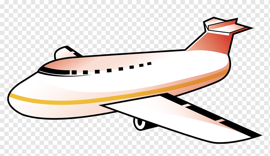 Cartoon-style passenger airplane with white fuselage, orange stripe, and red tail on transparent background.
