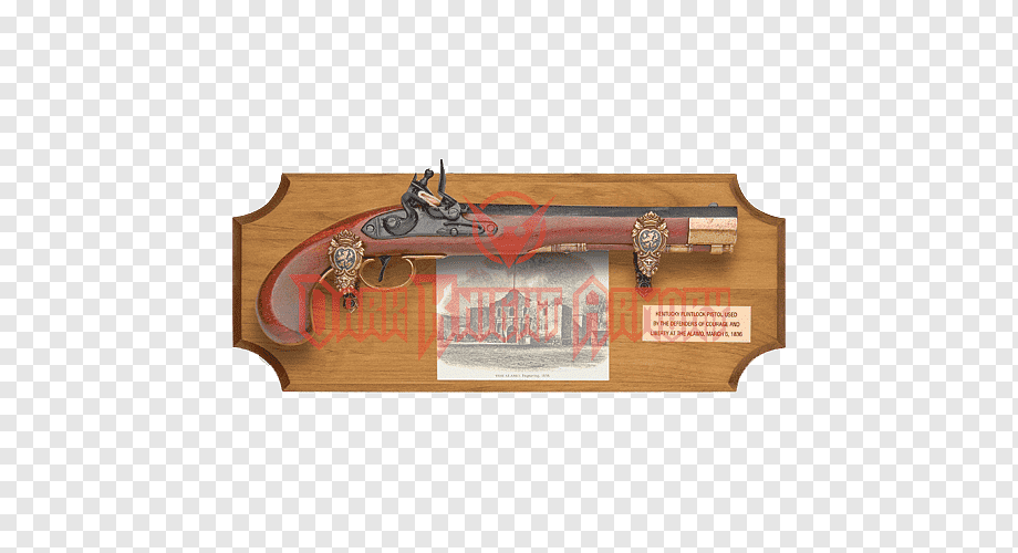 Ornate 19th-century flintlock pistol mounted on wooden plaque with historical engraving and plaque inscription.