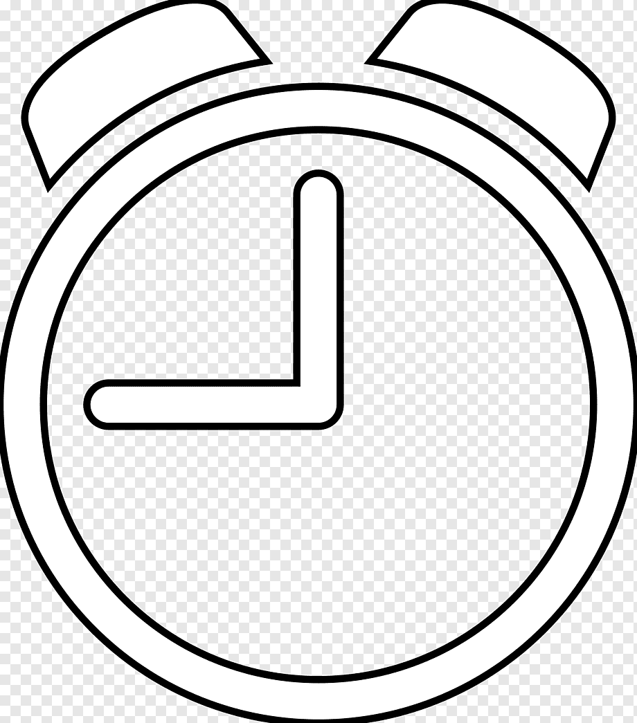 Black-and-white line drawing of a classic twin-bell alarm clock showing 9:00.