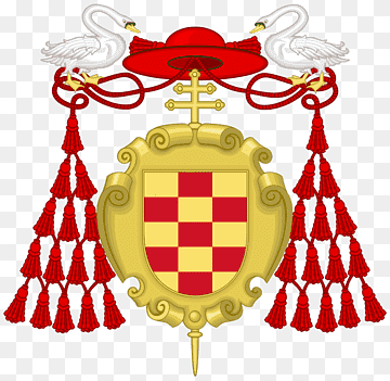 Papal coat of arms with red-and-yellow checkerboard shield, galero hat, and two white swans.