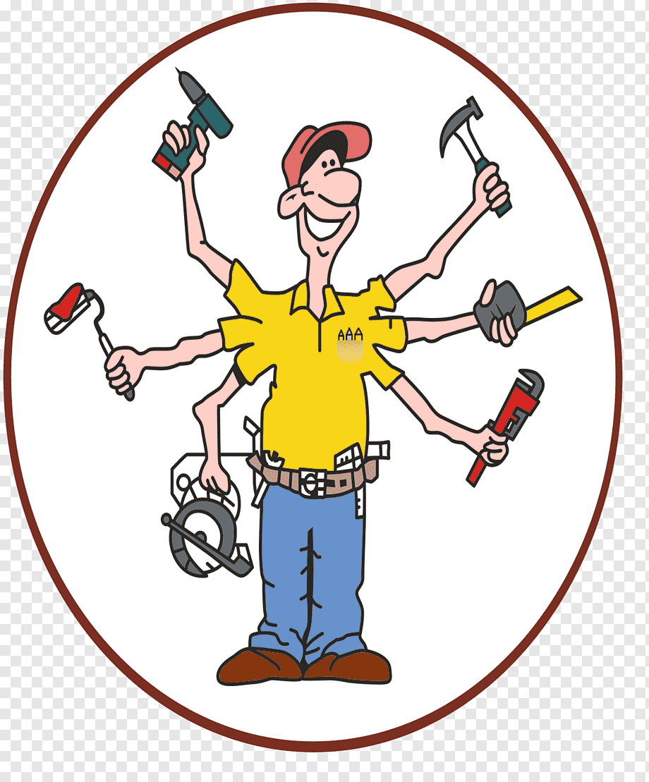 Cartoon handyman with six arms holding tools like drill, hammer, wrench, paint roller, saw, and tape measure in a circular logo.