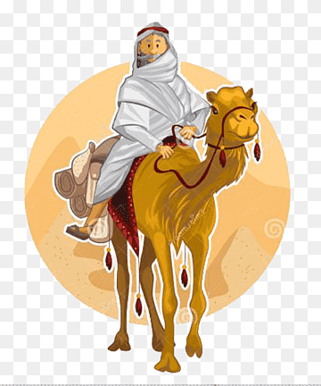 A person in traditional white desert robes riding a decorated camel against a warm circular background.