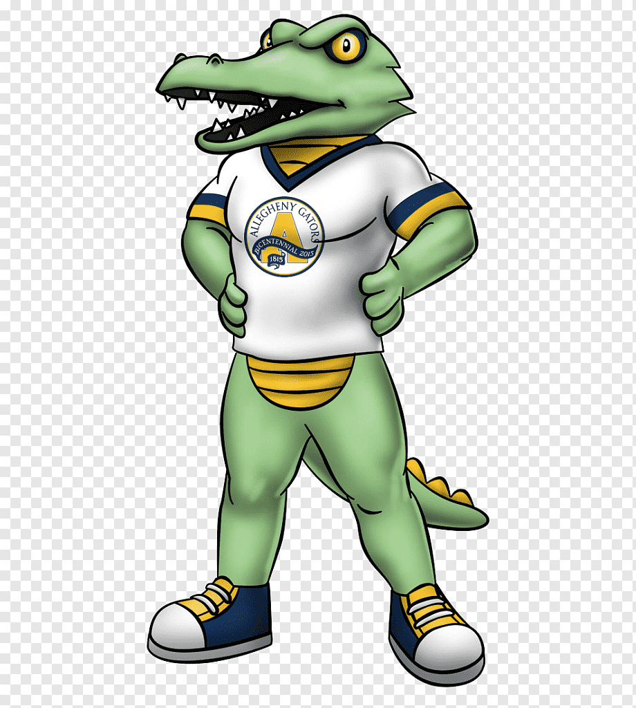 Green alligator mascot in white, blue, and yellow sports uniform with "Allegheny Gators" logo, hands on hips, confident stance.