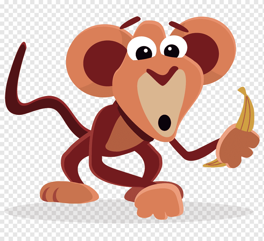 Cartoon monkey with big eyes holding a banana, smiling playfully on transparent background.