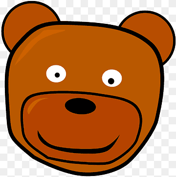 Friendly cartoon brown bear face with big eyes and a smile, isolated on transparent background.