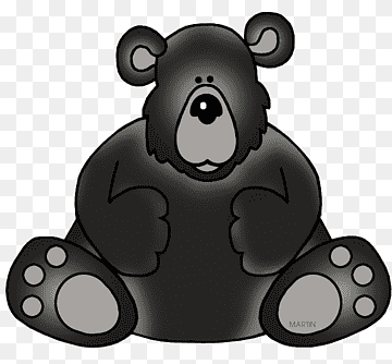 Black cartoon bear sitting with paws forward, friendly expression, grayscale illustration.