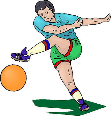 A cartoon soccer player in a blue shirt and green shorts kicks an orange ball on a green field patch.