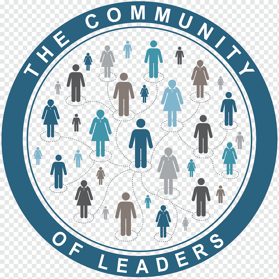 Circular emblem labeled "The Community of Leaders" with interconnected diverse human figures in blue, gray, and brown tones.