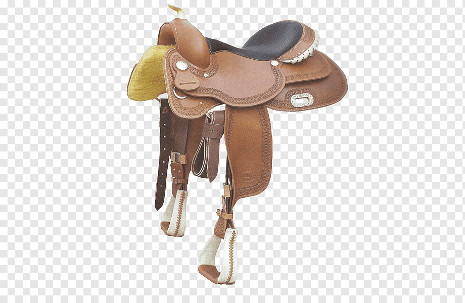 Brown Western saddle with tooled leather, silver conchos, and white-stitched stirrups on transparent background.