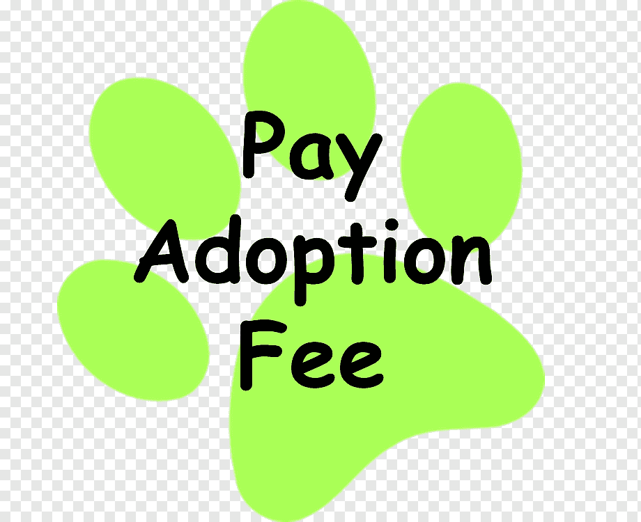Bright green paw print with bold black text reading "Pay Adoption Fee"
