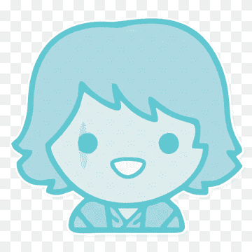 Light blue cartoon-style girl with short wavy hair, smiling face, and simple outfit.