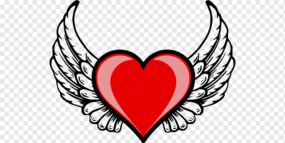 Red heart with white angel wings on transparent background, symbolic of love and protection.