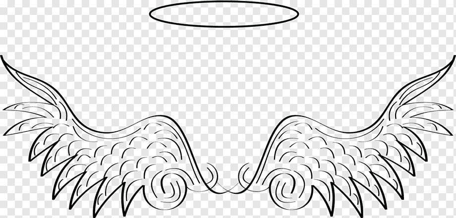 Black-and-white line drawing of angel wings with halo above, on transparent background.