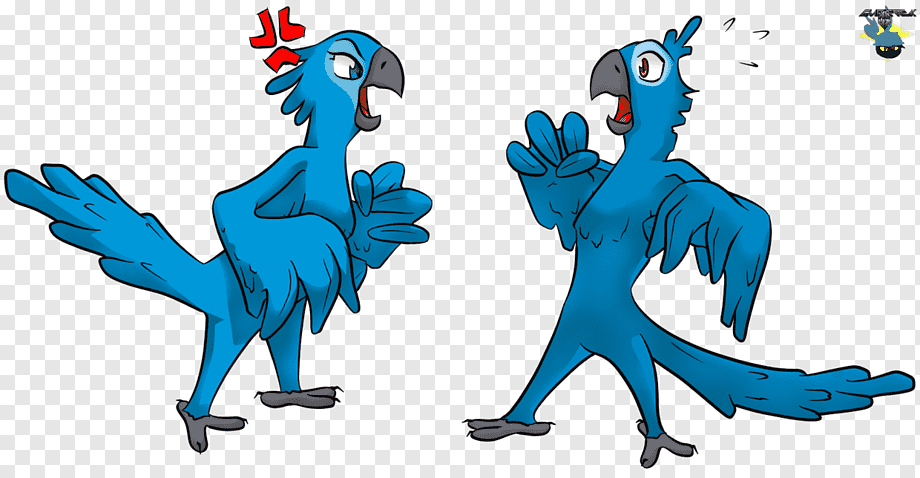 Two expressive blue cartoon parrots-one angry with red anger symbol, one surprised waving hands-on transparent background.