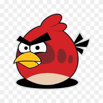 Angry Birds red character with furrowed brows, yellow beak, and black tail feathers on transparent background.