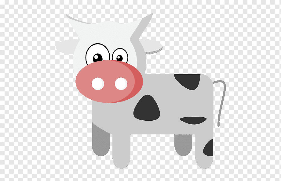 Cartoon cow with big eyes, pink nose, and black spots on gray body, facing forward on transparent background.