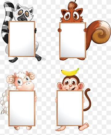 Four cartoon animals-lemur, squirrel, sheep, and monkey-each holding a blank white sign with wooden frame.