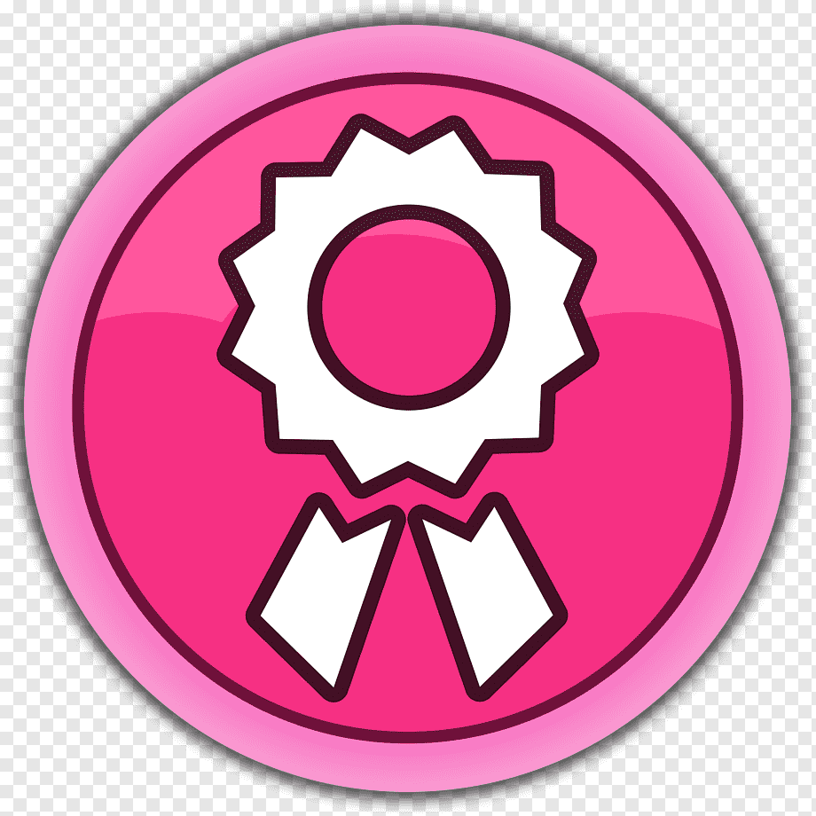 Pink circular badge with white ribbon rosette design, symbolizing achievement or award.