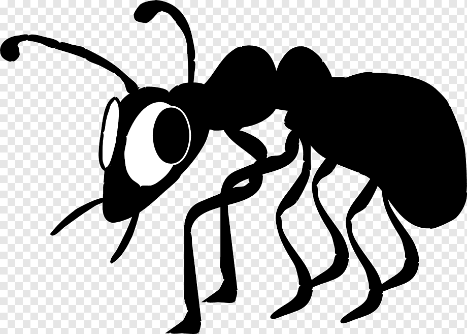 Black silhouette of a cartoon ant with large eyes and curved antennae on transparent background.