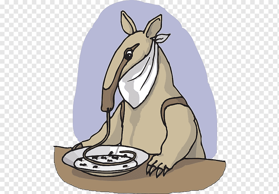 A cartoon anteater wearing a face mask sits at a table eating ants from a plate with its long tongue.