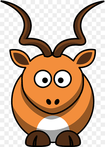 Cartoon antelope with large spiral horns, round orange body, and friendly expression on transparent background.