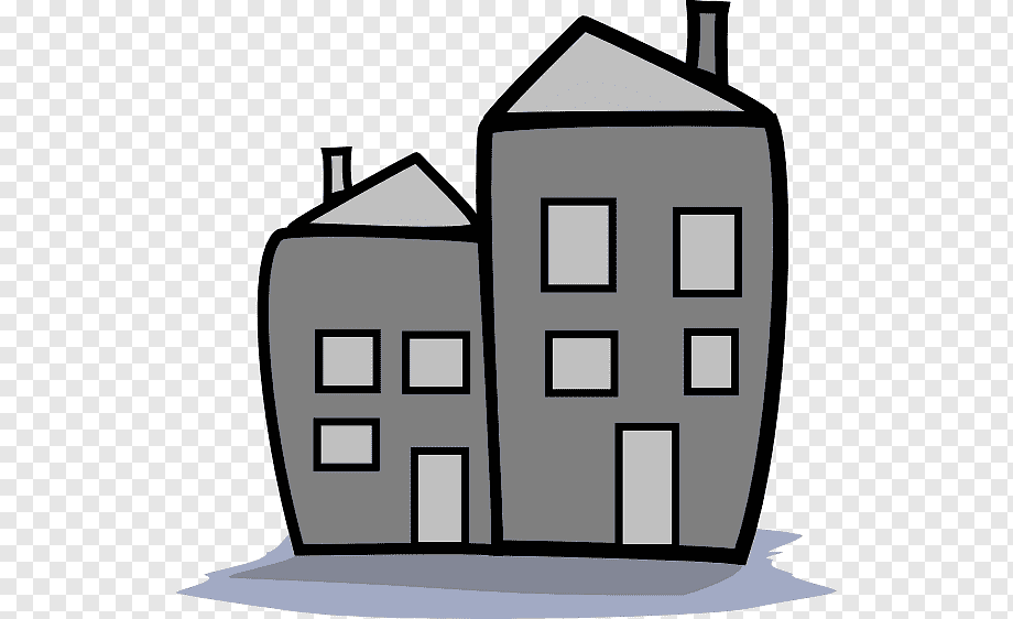 Simple cartoon-style illustration of two gray residential buildings with windows, doors, and chimneys on a transparent background.