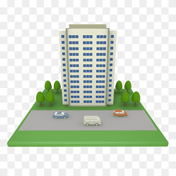 Modern high-rise building with green landscaping, parked cars, and trees on a grassy plot.