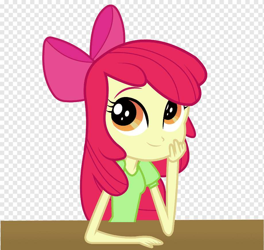 Pink-haired cartoon girl with bow, green shirt, resting chin on hand thoughtfully at a table.