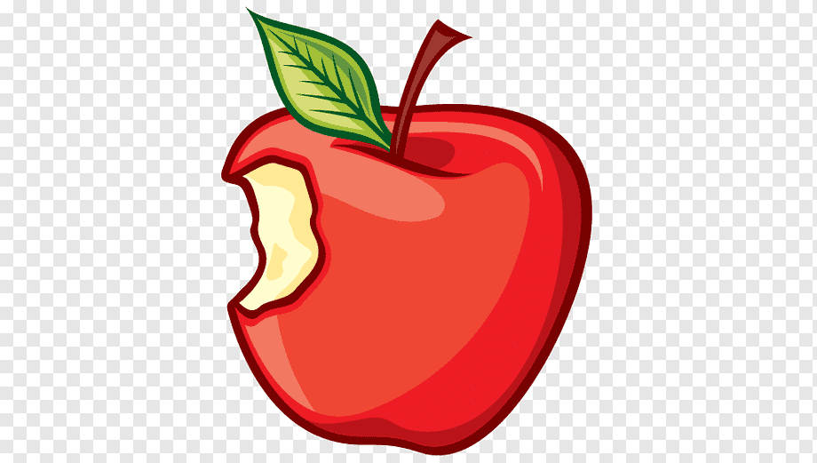 A cartoon-style red apple with a bite taken out, green leaf, and brown stem on transparent background.