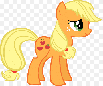 Applejack, an orange earth pony with blonde mane and tail, featuring three red apples on her flank as a cutie mark.