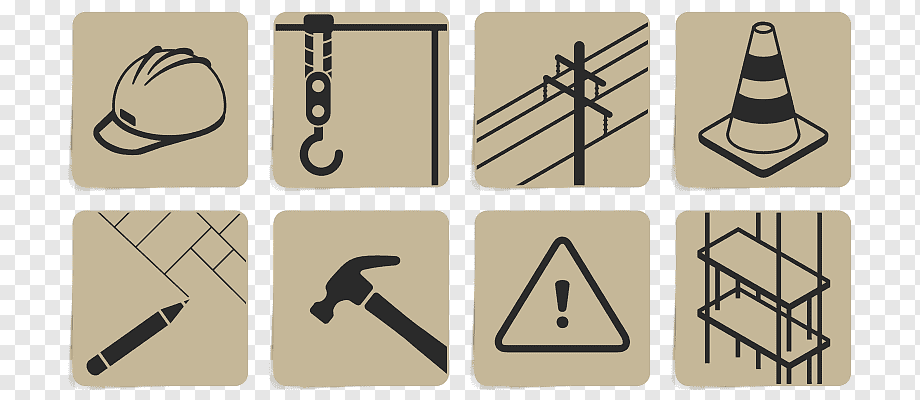 Collection of eight construction and safety icons including hard hat, hook, power lines, traffic cone, pencil layout, hammer, warning sign, and scaffolding.