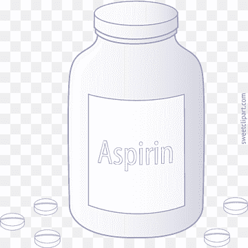 A white aspirin pill bottle with scattered round tablets on a transparent background.