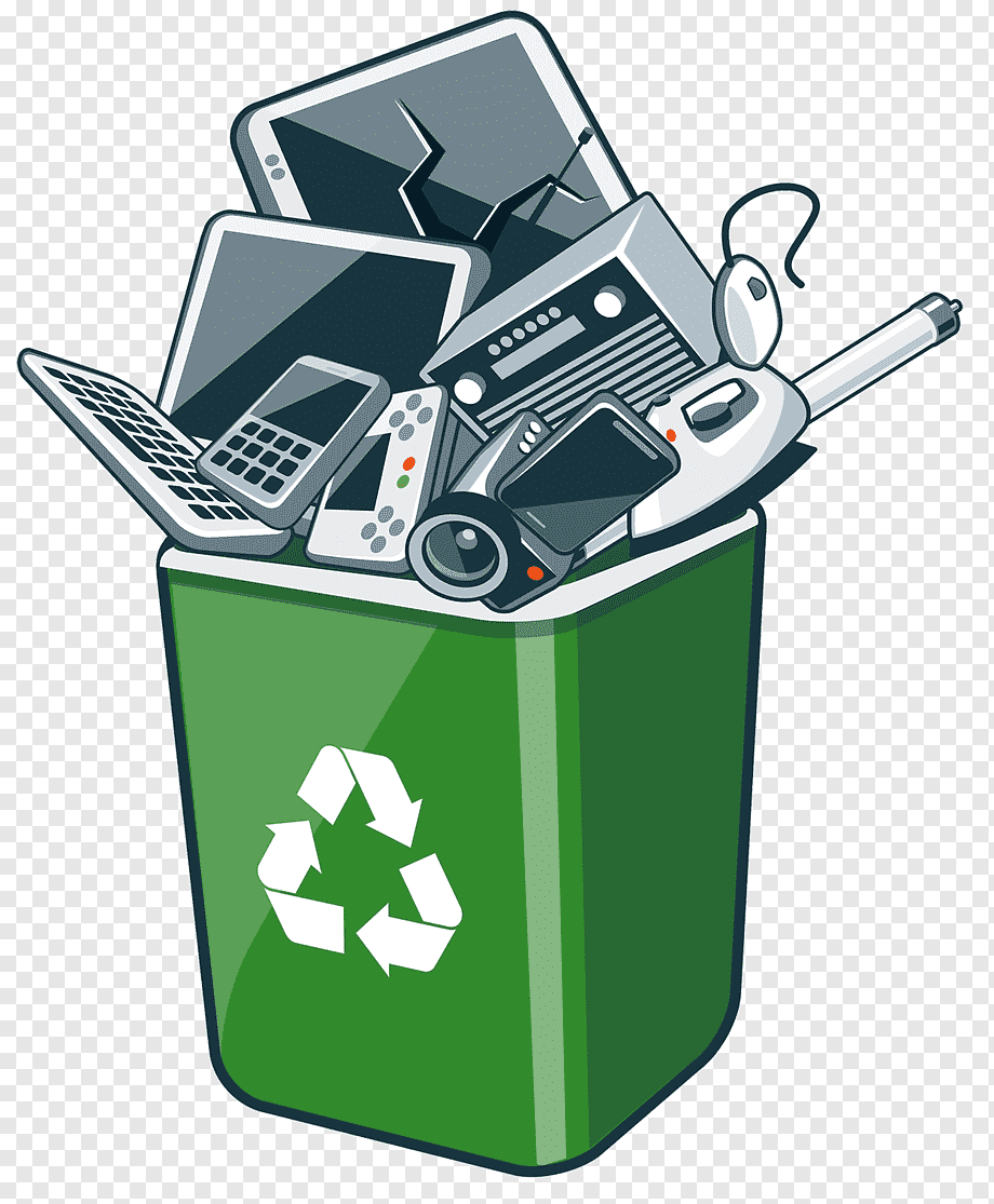 Green recycling bin overflowing with broken electronics like phones, laptops, and gadgets.