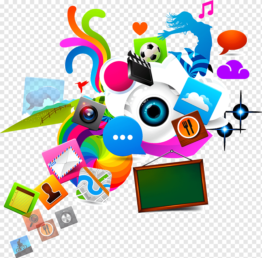 Vibrant collage of digital icons including camera, eye, speech bubbles, music notes, food, map, and social symbols on transparent background.
